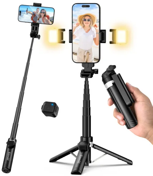 1 Kinwald Phone Tripod & Selfie Stick with Light, Compact iPhone Tripod Stand with Bluetooth Remote and Dual Fill Lights, Portable Tripods for Cell Phone/Vlog/Photo/Video (Black) : Cell Phones & Accessories