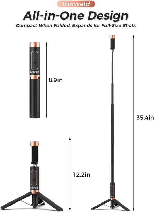 51wr5SMRElL._AC_SL1500_.jpg Kinwald Selfie Stick Tripod for iPhone & Android, Portable Phone Tripod Stand with Bluetooth Remote, One-Click Open, Compact & Lightweight, All-in-1 for Vlog/Travel/Photography (Black) : Cell Phones & Accessories