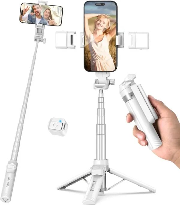 Kinwald Phone Tripod & Selfie Stick with Light, Compact iPhone Tripod Stand with Bluetooth Remote and Dual Fill Lights, Portable Tripods for Cell Phone/Vlog/Photo/Video (White) : Cell Phones & Accessories
