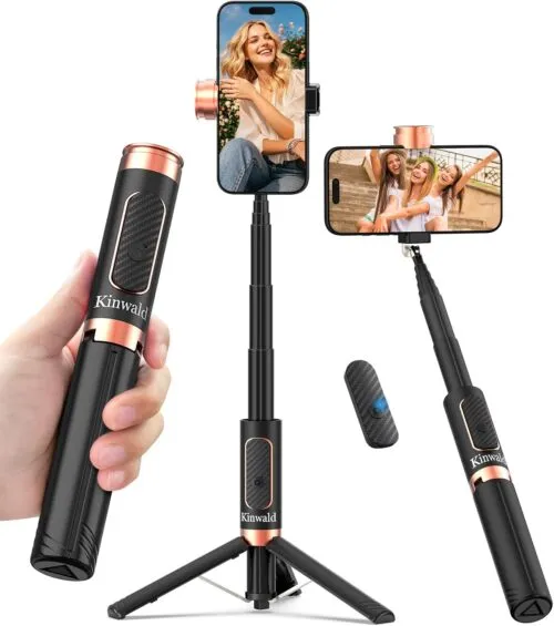 61atSIl3hEL._AC_SL1500_.jpg Kinwald Selfie Stick Tripod for iPhone & Android, Portable Phone Tripod Stand with Bluetooth Remote, One-Click Open, Compact & Lightweight, All-in-1 for Vlog/Travel/Photography (Black) : Cell Phones & Accessories