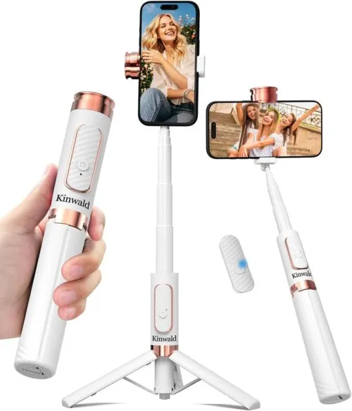 61y0k0IzBEL._AC_SL1500_.jpg Kinwald Selfie Stick Tripod for iPhone & Android, Portable Phone Tripod Stand with Bluetooth Remote, One-Click Open, Compact & Lightweight, All-in-1 for Vlog/Travel/Photography(White): Cell Phones & Accessories