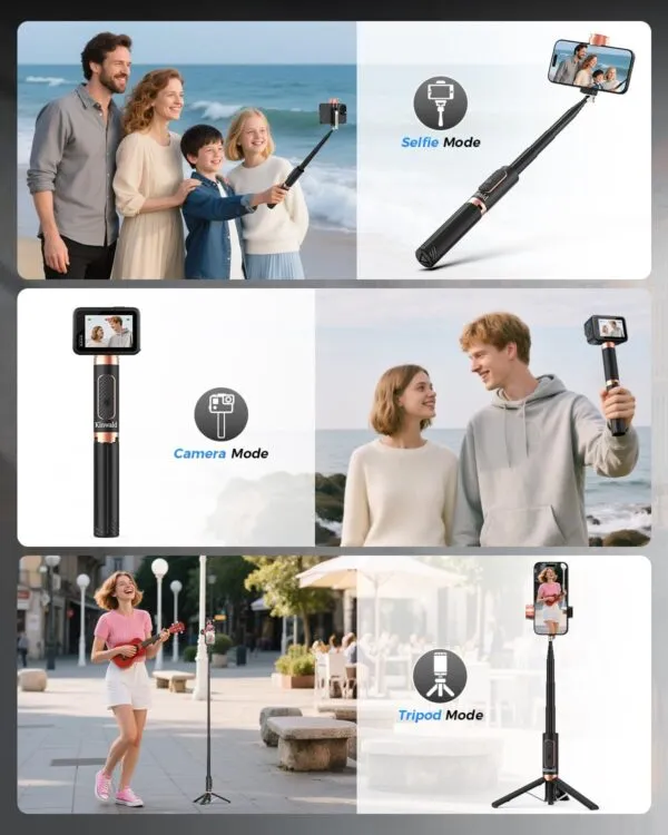 717nKEnxH9L._AC_SL1500_.jpg Kinwald Selfie Stick Tripod for iPhone & Android, Portable Phone Tripod Stand with Bluetooth Remote, One-Click Open, Compact & Lightweight, All-in-1 for Vlog/Travel/Photography (Black) : Cell Phones & Accessories