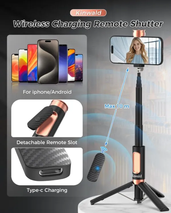 71jJv0guvL._AC_SL1500_.jpg Kinwald Selfie Stick Tripod for iPhone & Android, Portable Phone Tripod Stand with Bluetooth Remote, One-Click Open, Compact & Lightweight, All-in-1 for Vlog/Travel/Photography (Black) : Cell Phones & Accessories